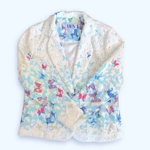 Vintage BFA Woven White Pastel Floral Lace Butterflies Summer Blazer Size 10P